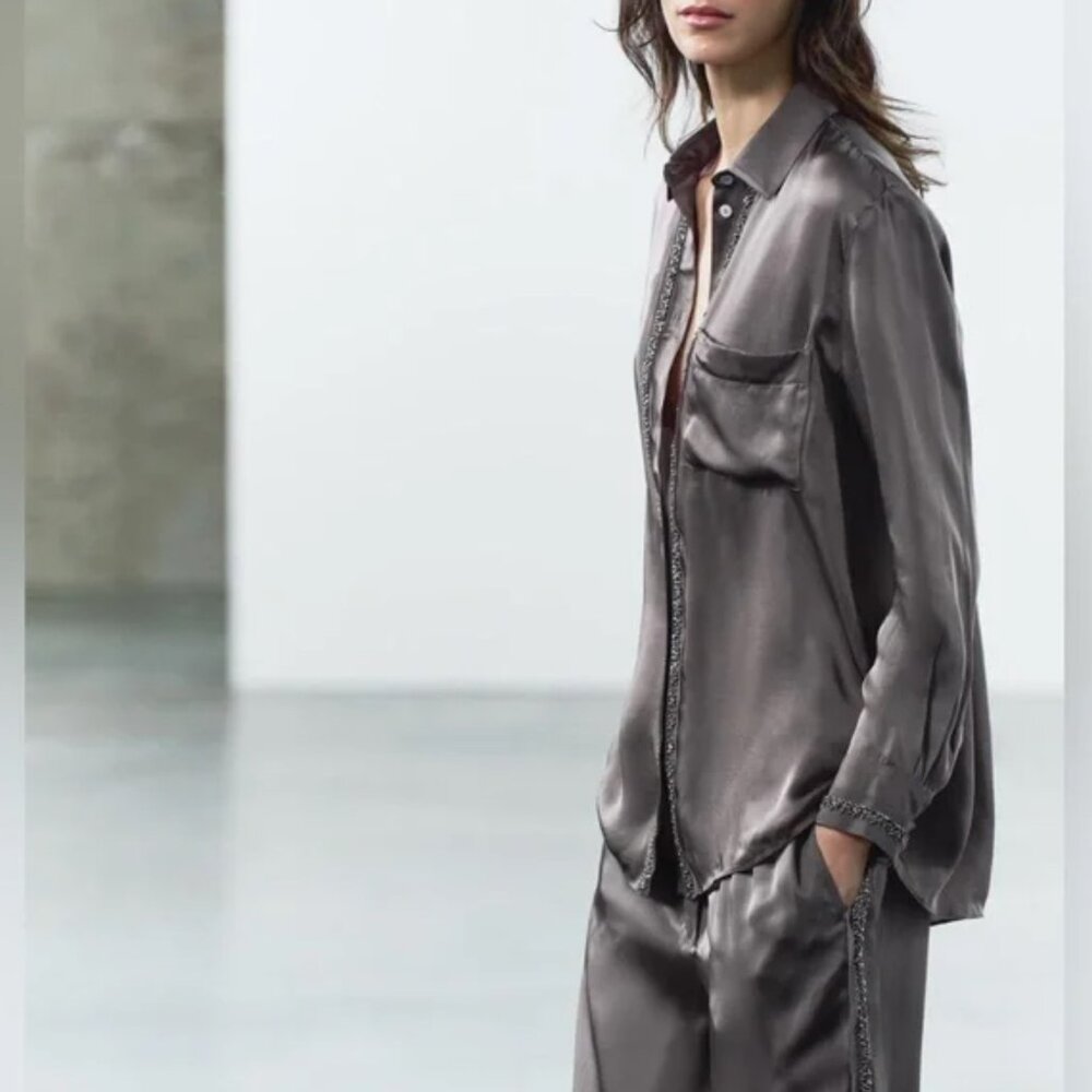Zara EMBROIDERED SATIN EFFECT SHIRT ZW COLLECTION